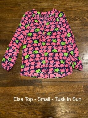 Lilly Pulitzer Silk Elsa Top - Tusk In Sun pink/blue/green elephants SMALL